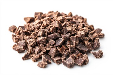 Obraz premium Dark chocolate pieces on white background creating a textured pile of sweet treat