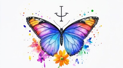 Colorful Butterfly Watercolor Painting - Vibrant watercolor painting of a butterfly surrounded by colorful flowers and splatters, creating a whimsical and artistic scene.