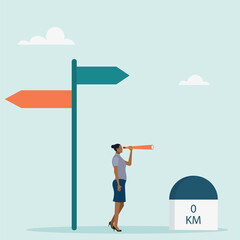 Starting a new business, vision or career path. Roadmap of business milestones. A self-confident character standing with a far-sighted look into the future at the initial milestones of the road.	