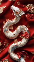 Obraz premium A Beautifully Crafted Porcelain Dragon, Adorned With Gold And Red Accents, Rests On A Rich Red Fabric. The Image Evokes A Sense Of Luxury And Artistry.