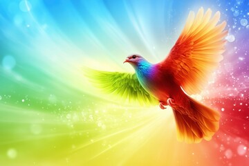 Obraz premium Colorful Abstract Bird Soaring Against a Vibrant Rainbow Background with Light Effects