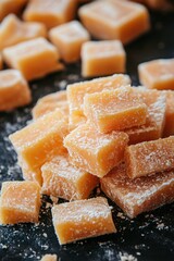Sweet caramel fudge cubes piled high on a dark surface with a light dusting of powder