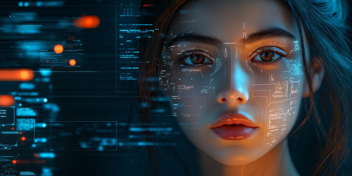 Futuristic digital interaction cyberpunk city portrait photography neon environment close-up view ai and human connection