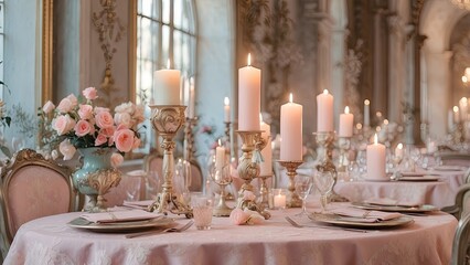 A beautifully set dining table adorned with a purple tablecloth.