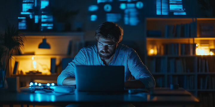 Focused individual working late at night on laptop home office digital productivity cozy environment close-up view modern work culture