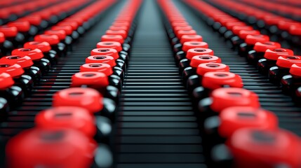 Obraz premium A close-up view of a patterned array of red and black objects arranged in neat rows, creating a striking visual effect.