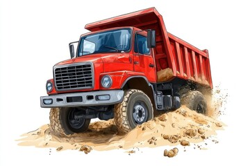 Dump Truck on a sand hill isolated on white background. Dump Truck icon. Heavy Machinery. Construction Vehicle on sand. Dump Truck Design Element. Sand Hill Dump Truck isolated.