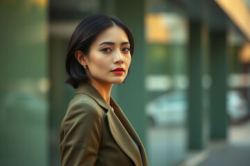 Obraz premium A woman in a green jacket and a black coat stands in front of a building. She is wearing red lipstick and has her hair pulled back