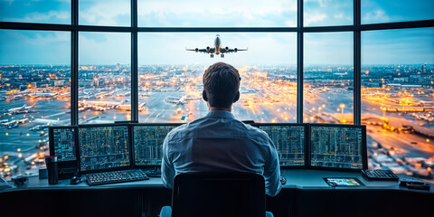 Air Traffic Controller Overseeing Airplane Takeoff in Control Tower at Airport for Flight Safety and Transportation Management