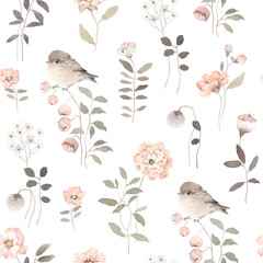Floral watercolor seamless pattern with cute small birds, abstract flowers and plants. Isolated floral illustration of delicate design elements for textile, cover, background or wallpaper.