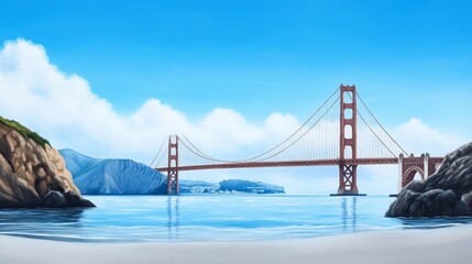 Fototapeta premium A Watercolor Painting of the Golden Gate Bridge in Summer - Serene coastal scene, iconic bridge, tranquil water, sunny sky, peaceful beach. Symbolizing: freedom, travel, adventure, beauty, escape.