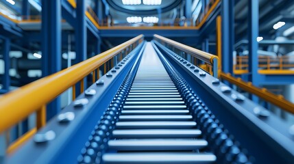 A close-up view of a conveyor belt in an industrial setting, showcasing its metallic structure and surrounding architecture.
