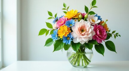 A vibrant bouquet of multicolored flowers arranged in a clear glass vase, sitting on a pristine white surface, illuminated by soft natural light