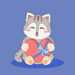 Cute Cartoon Cat Holding a Heart in a Cozy Pose
