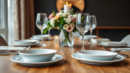 Refined Dining Atmosphere with Floral Centerpiece and Candlelit Glow