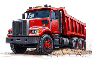 Dump Truck on a sand hill isolated on white background. Dump Truck icon. Heavy Machinery. Construction Vehicle on sand. Dump Truck Design Element. Sand Hill Dump Truck isolated.