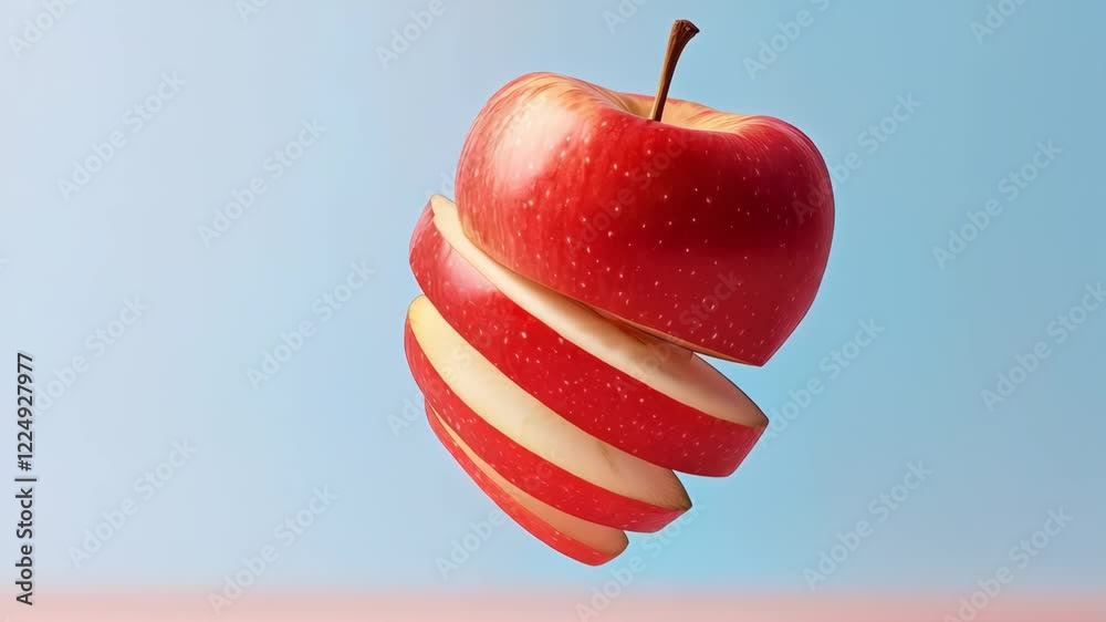 Aufkleber Sliced red apple with stem floating gracefully against a vibrant pink background, creating an eye catching composition that offers ample copy space for creative use
