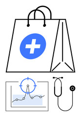 Healthcare bag with cross symbol, data chart showing analysis, stethoscope combining health, technology, and commerce. Ideal for medical services, e-commerce, telemedicine, diagnostics health tech