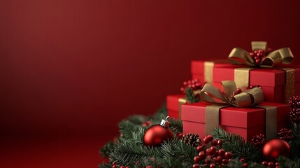 Festive Red Background Filled with Delightful Array of Colorful Christmas Presents Wrapped in Glittering Paper and Tied with Cheerful Ribbons Creating a Joyful Holiday Atmosphere