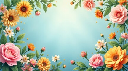 Vibrant Floral Frame A Delicate Arrangement of Sunflowers, Roses, and Daisies on a Soft Blue Background, Ideal for Invitations, Cards, and Digital Designs