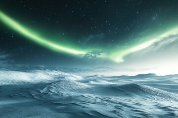 Fototapeta premium Spectacular northern lights illuminate a snowy landscape in a remote arctic region during winter