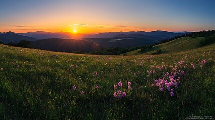 Serene Sunset Over Mountain Landscape with Wildflowers