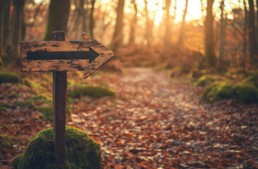 Arrow sign guiding towards a pathway in a tranquil forest during autumn sunset