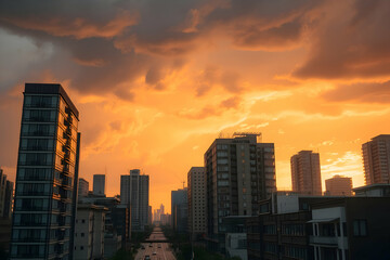 Fototapeta premium A dramatic cityscape at twilight, with dark, stormy clouds casting dramatic shadows over the tall skyscrapers.. city at night in the background with copy space. cityscape night. cloudy sky city.