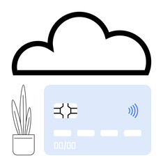 Cloud icon links with blue contactless card and potted plant, suggesting digital banking. Ideal for fintech, cloud computing, modern payments, minimalism, smart finance, online services, abstract