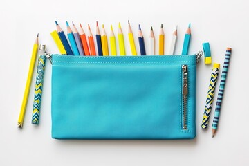 Fototapeta premium Colorful pencils neatly organized in a vibrant blue pencil case.