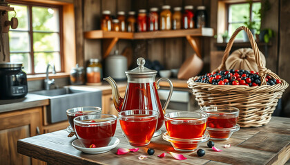 An inviting arrangement of tea and fresh fruits on a rustic wooden table. The setting features warm tones, natural light, vibrant berries, and an organic, cozy kitchen atmosphere perfect for relaxatio