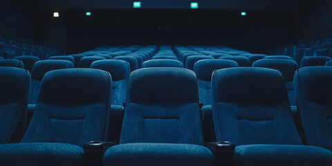 Fototapeta premium Empty Movie Theater Interior with Blue Seats and Dim Atmosphere Ready for an Unforgettable Film Experience