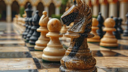 Stone Chess Pieces: Heavy, polished game pieces carved from natural stone, offering a sophisticated and durable design for an elegant chess experience.
