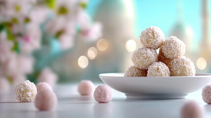 Coconut candies on plate, spring blossoms background. Food photography for recipe, blog, or website