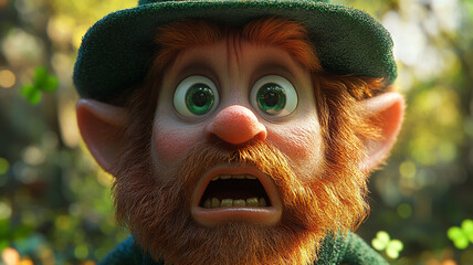 Fototapeta premium Cartoon character Leprechaun and gold coins. A rainbow and a pot of gold in the woods. St. Patrick's Day. Green background. Space for text.