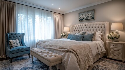 Cozy and Inviting Bedroom with Plush Bed and Elegant Chair Surrounded by Soft Lighting and Calm Color Palette Creating a Relaxing Space for Rest and Rejuvenation in a Tranquil Home Atmosphere