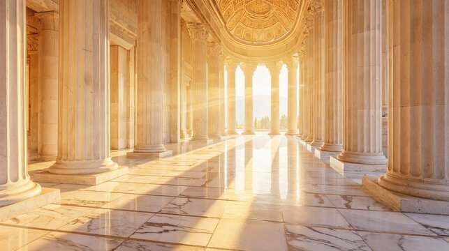 grand classical colonnade bathed in golden sunlight. The marble pillars and intricate ceiling details reflect the timeless beauty of ancient architecture - Powered by Adobe