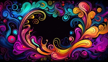 Abstract colorful swirling grunge illustration border frame with copy-space on black background