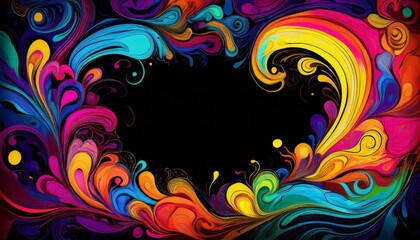 Abstract colorful swirling grunge illustration border frame with copy-space on black background