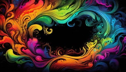 Fototapeta premium Abstract colorful swirling grunge illustration border frame with copy-space on black background