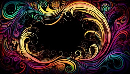 Fototapeta premium Abstract colorful swirling grunge illustration border frame with copy-space on black background
