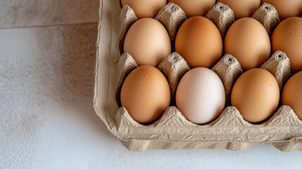 Egg carton placed on the side, creating a clean, minimalistic food composition. Ideal for rustic kitchen themes, fresh produce ads, and farm visuals.