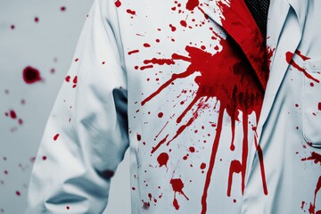 Forensic investigation action blood splatter analysis on a white lab coat in a professional science environment close-up viewpoint of crime scene evidence