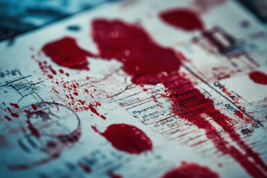 Forensic examination of blood-stained evidence card crime scene photography indoor close-up investigative analysis of blood patterns and their significance