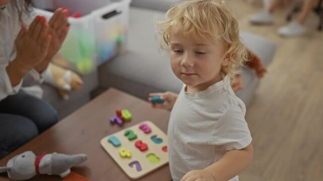 Mother and son playing with colorful numbers at home showing joyful interaction in a cozy living room setting