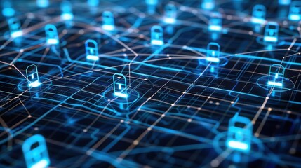 Obraz premium Blue Abstract Network with Padlock Security Icons