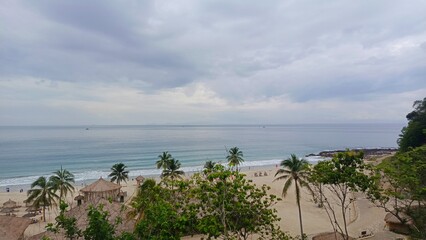 Serene beach view with palm trees and soft waves under a cloudy sky
