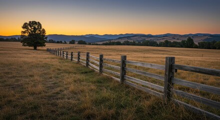 Serene Sunset over a Golden Field and Wooden Fence