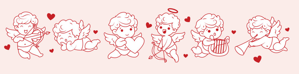 Cupids set. Cute baby angels, kids cherub characters. Flying winged girls, boys shooting with arrow and bow, playing music, singing about love. Flat vector