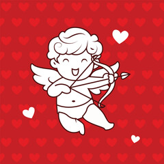 red background romantic baby boy angel with heart contemporary pop art icon vector flat illustration. Cupid cute heaven winged cartoon character love amour Valentine's 